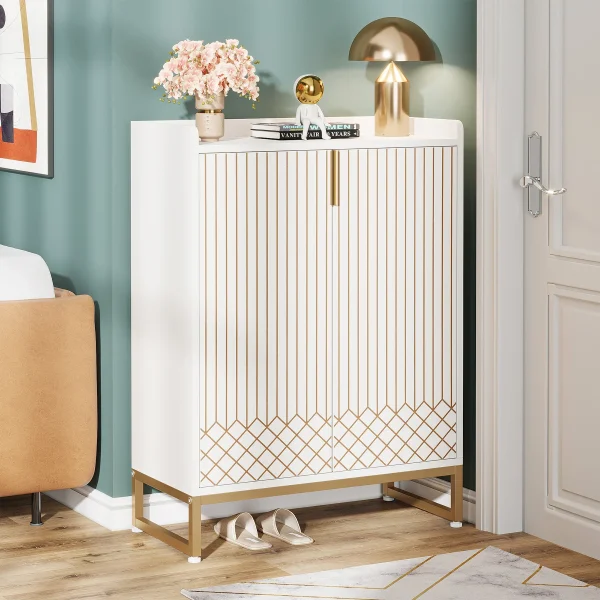 Tribesigns White Shoe Cabinets with Doors, 5-Tier Shoe Rack, Wood Storage Cabinet for Bedroom Hallway Living Room